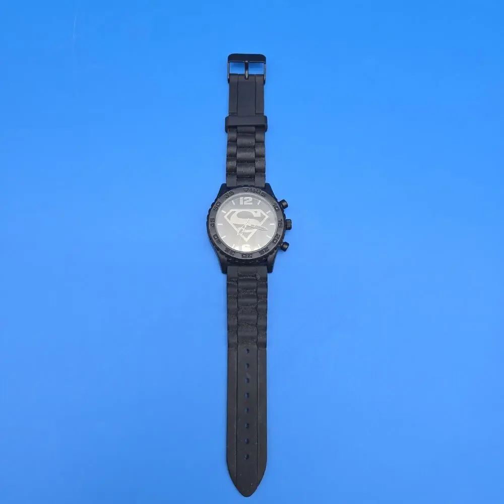 Accutime Superman Watch Mens 40mm Black DC Comics Rubber Strap New Battery